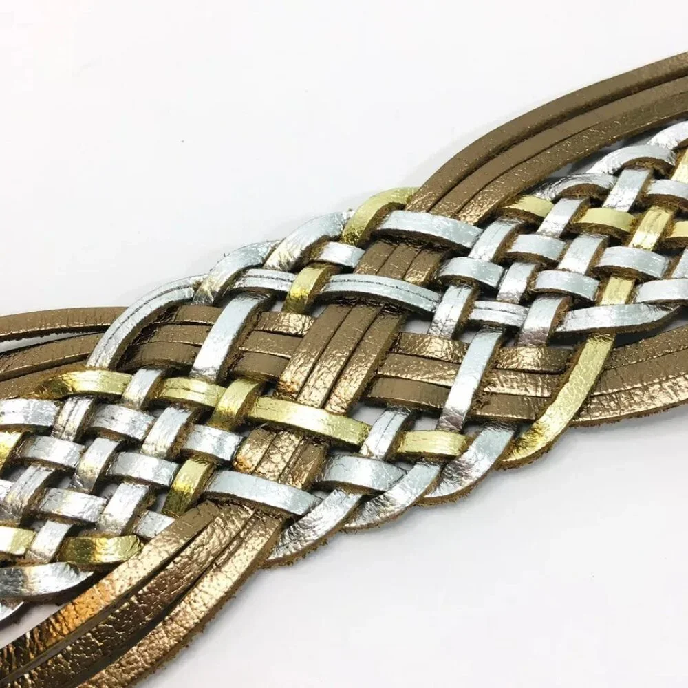 Metallic Silver Gold Braided Leather Sz S Belt 36” Large Metal Medallion Closure